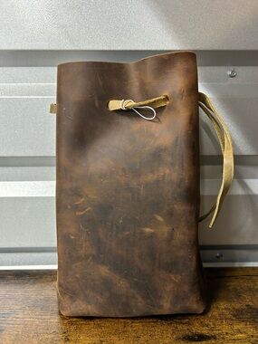 Handmade Full Grain Leather Drawstring Bag Pouch Rustic Brown Minimalist Travel
